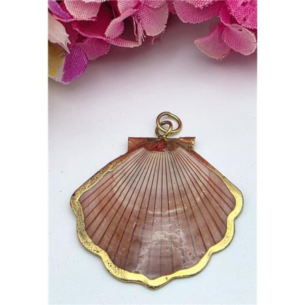 Vintage Pink Salmon Scallop Shell Pendant 24k Gold-Dipped 37mm